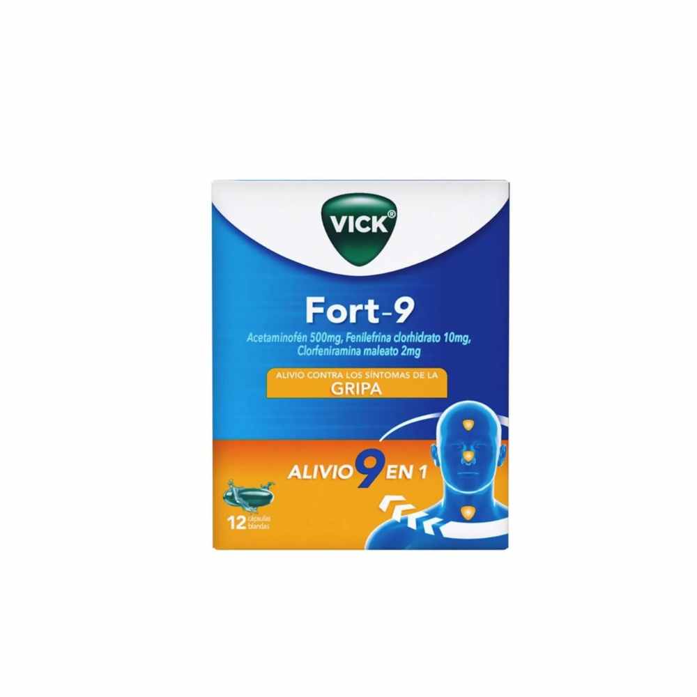 Vick fort 9 Acetaminofén + Fenilefrina Clorhidrato + Clorfeniramina 500mg/10mg/2 Caja x12 Cápsulas