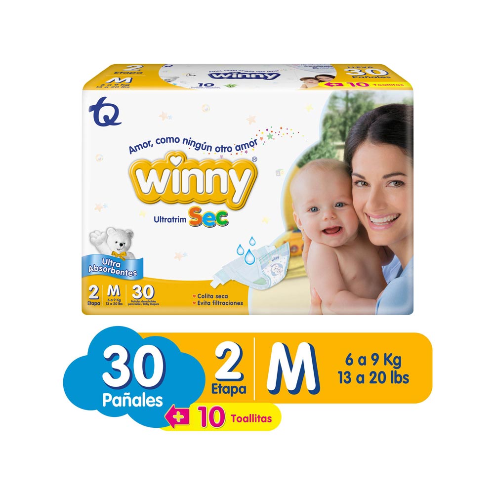 Pañales Winny Ultratrim Sec + Toallitas Húmedas Etapa 2 x 30 und