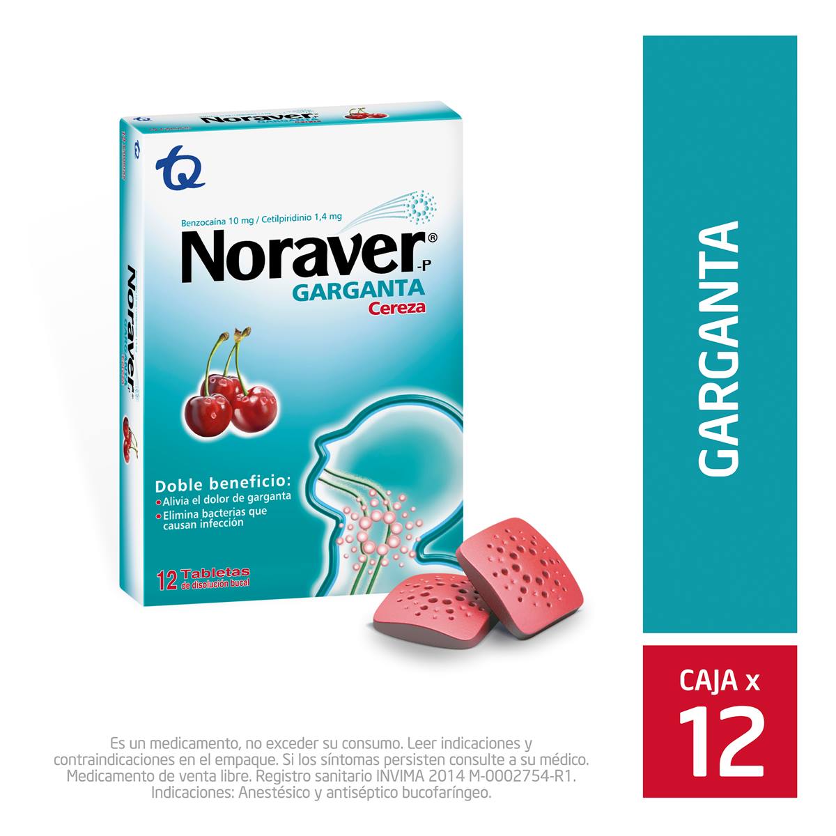 Noraver Garganta Cereza Benzocaina + Cetilpiridinio 10mg/1.4mg Tecnoquímicas Caja x 12 Tabletas