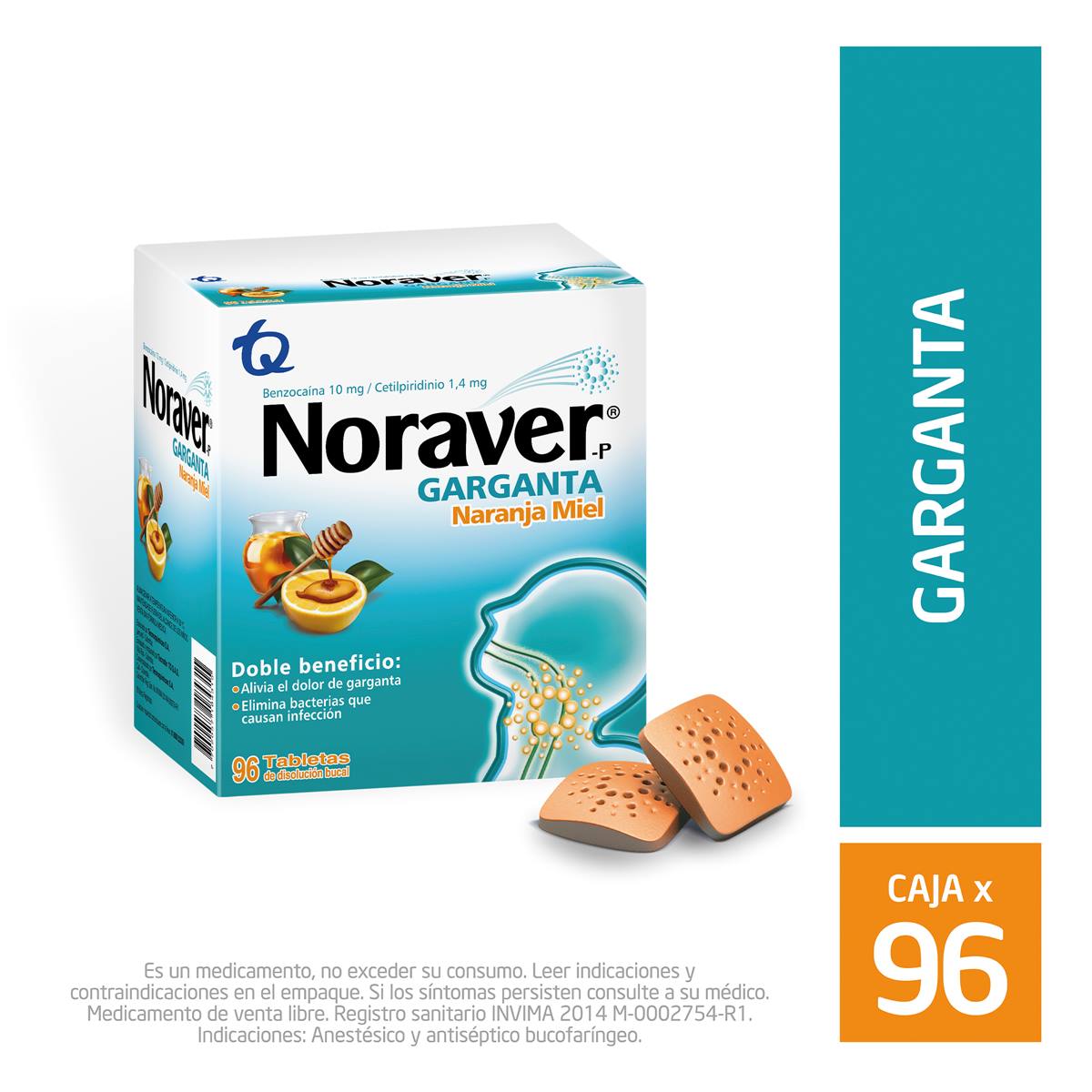 Noraver Garganta Sabor Naranja Miel Caja x 96 Tabletas