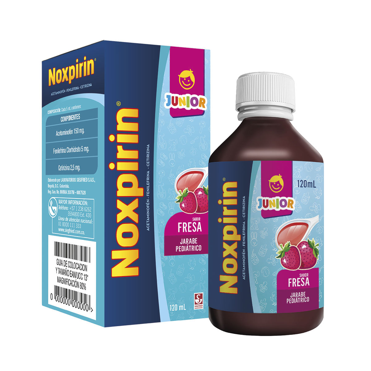 Noxpirin Junior Acetaminofén + Fenilefrina + Cetrizina Siegfried Sabor Fresa Jarabe frasco x 120 ml