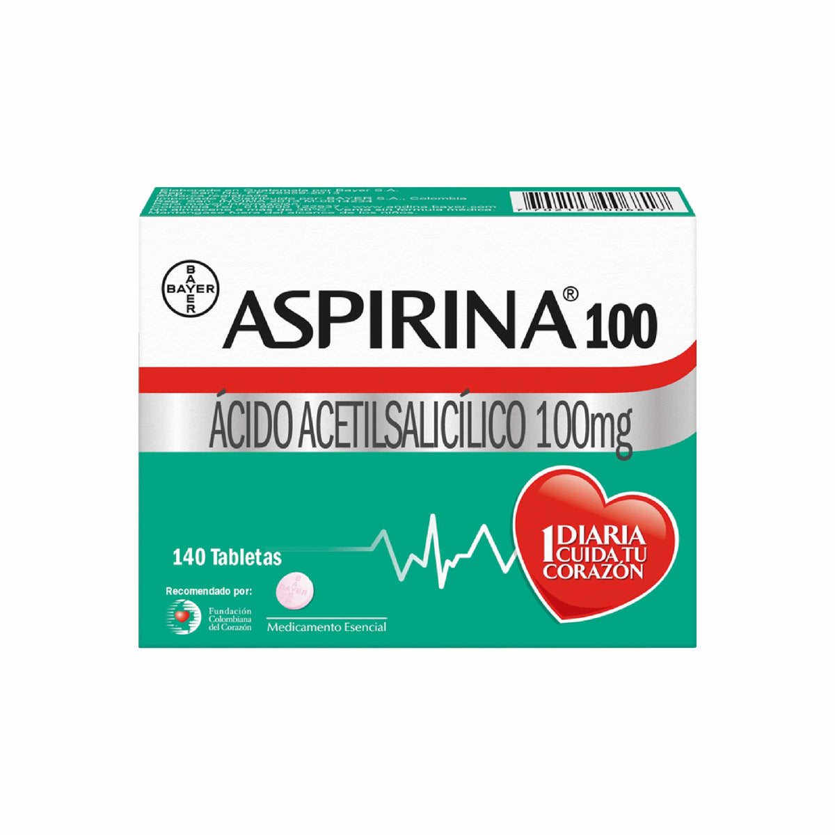 Aspirina Ácido Acetilsalicilico 100 mg Caja x 140 Tabletas