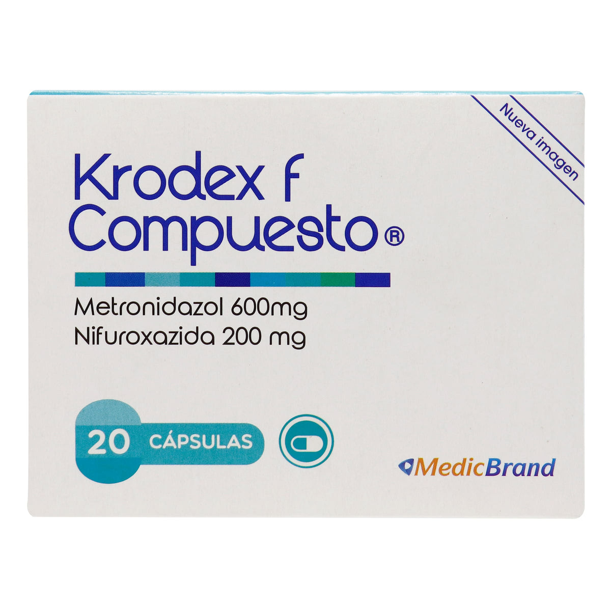 Krodex F Compuesto Metronidazol + Nifuroxazida 600mg/200mg Medicbrand Caja x 20 Cápsulas