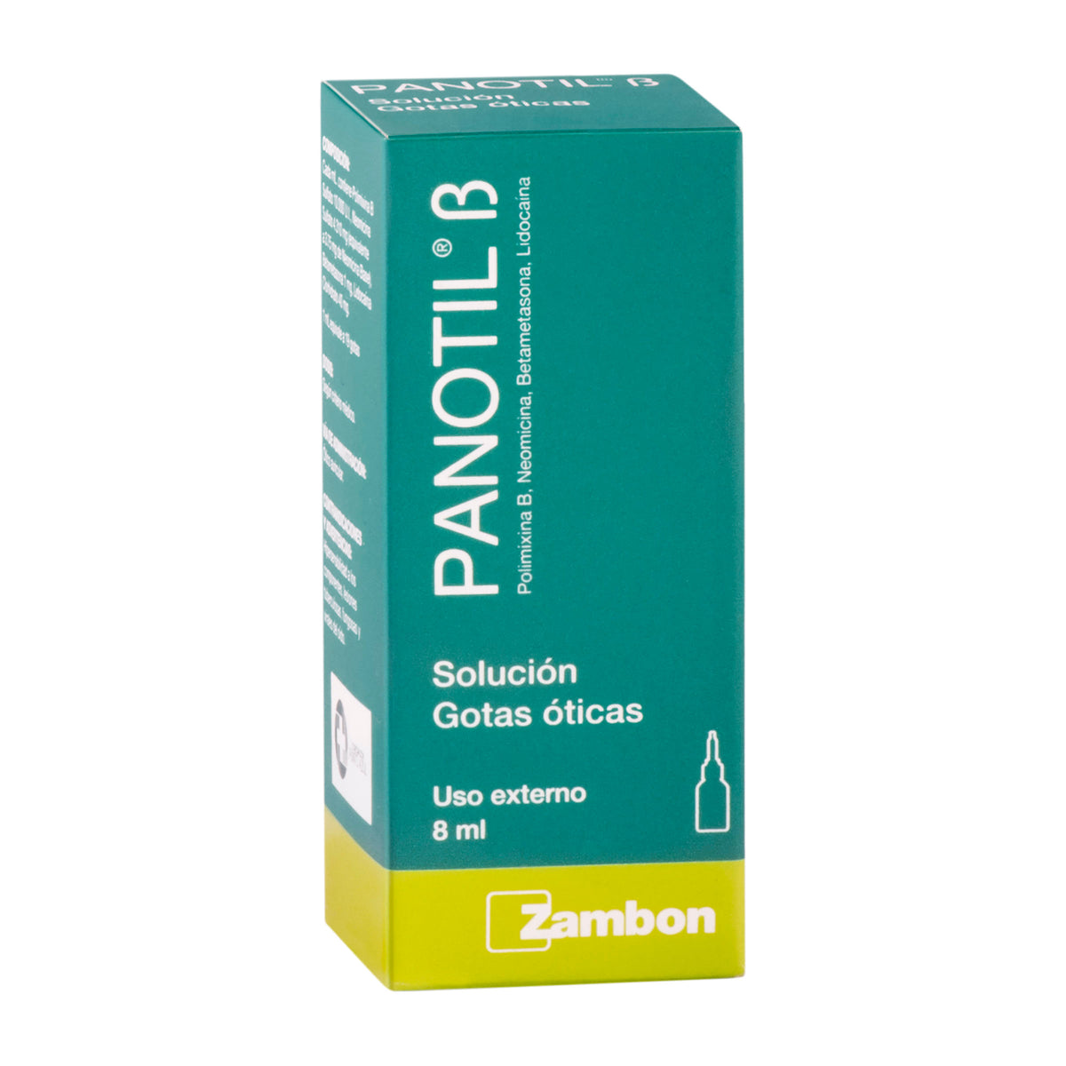 Panotil B Polimixina + Neomicina + Lidocaína 10000U/3.75mg/40mg Gotas Óticas Zambon Frasco x 8 ml