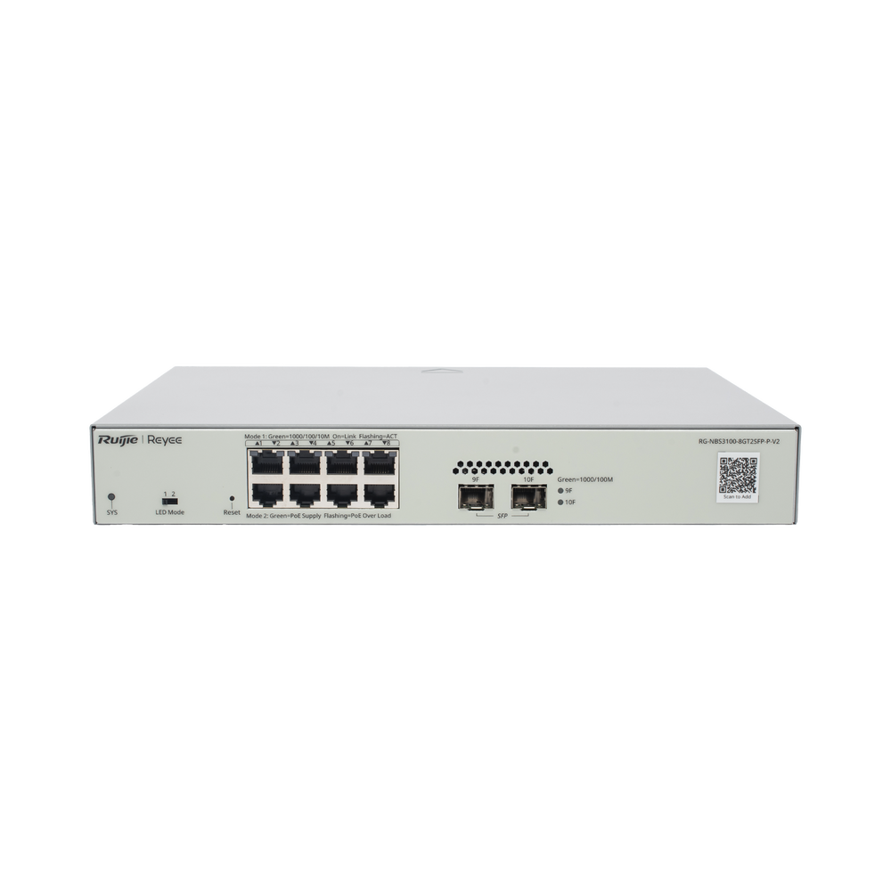 Switch Admin PoE Capa 2 + 8 Puertos Gigabit PoE + 2 SFP Fibra 1Gb