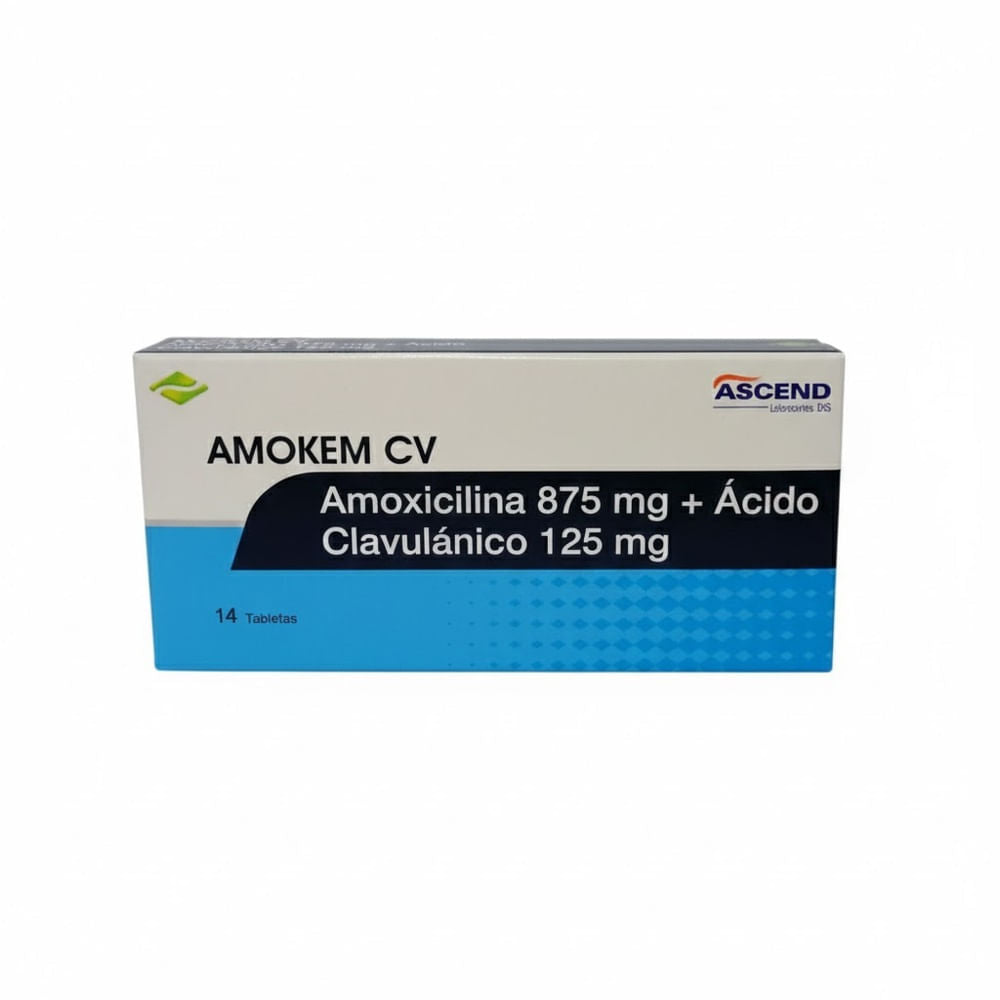 Amokem CV Amoxicilina + Ácido Clavulánico 875mg/125mg Ascend Caja x 14 Tabletas