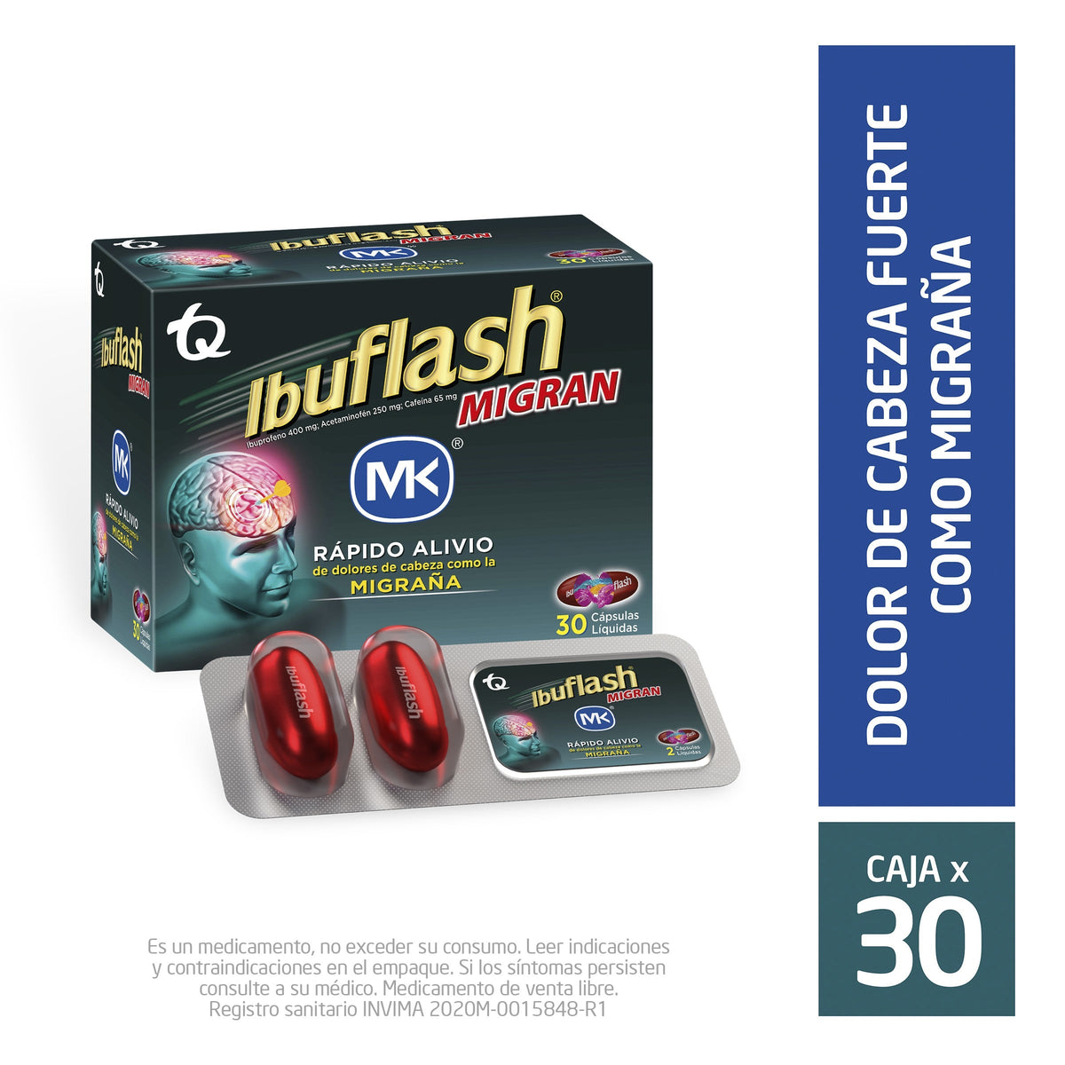 Ibuflash Migran Ibuprofeno + Acetaminofén + Cafeina 400mg/250mg/65mg MK Caja x 30 Cápsulas