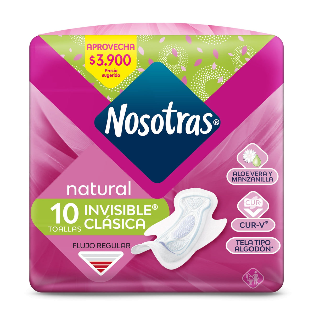 Toallas Higénicas Nosotras Natural Invisible Clásica Tela Paquete x 10 und