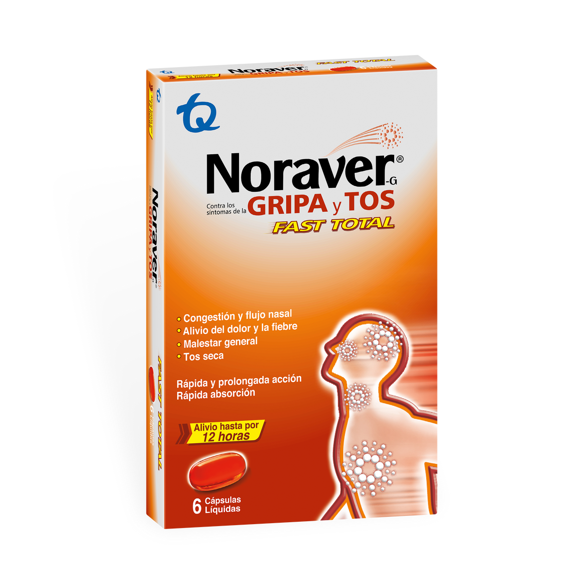 Noraver Gripa y Tos Fast Total Ibuprofeno + Dextrometorfano 400mg/15mg TQ Caja x 6 Cápsulas